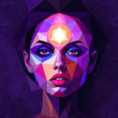 The primary subject of the image is a woman with a purple background. She is wearing a lot of makeup, including red lipstick, and has a geometric design on her face. The visual style of the image is digital art, and the colors and mood are vibrant and bold.